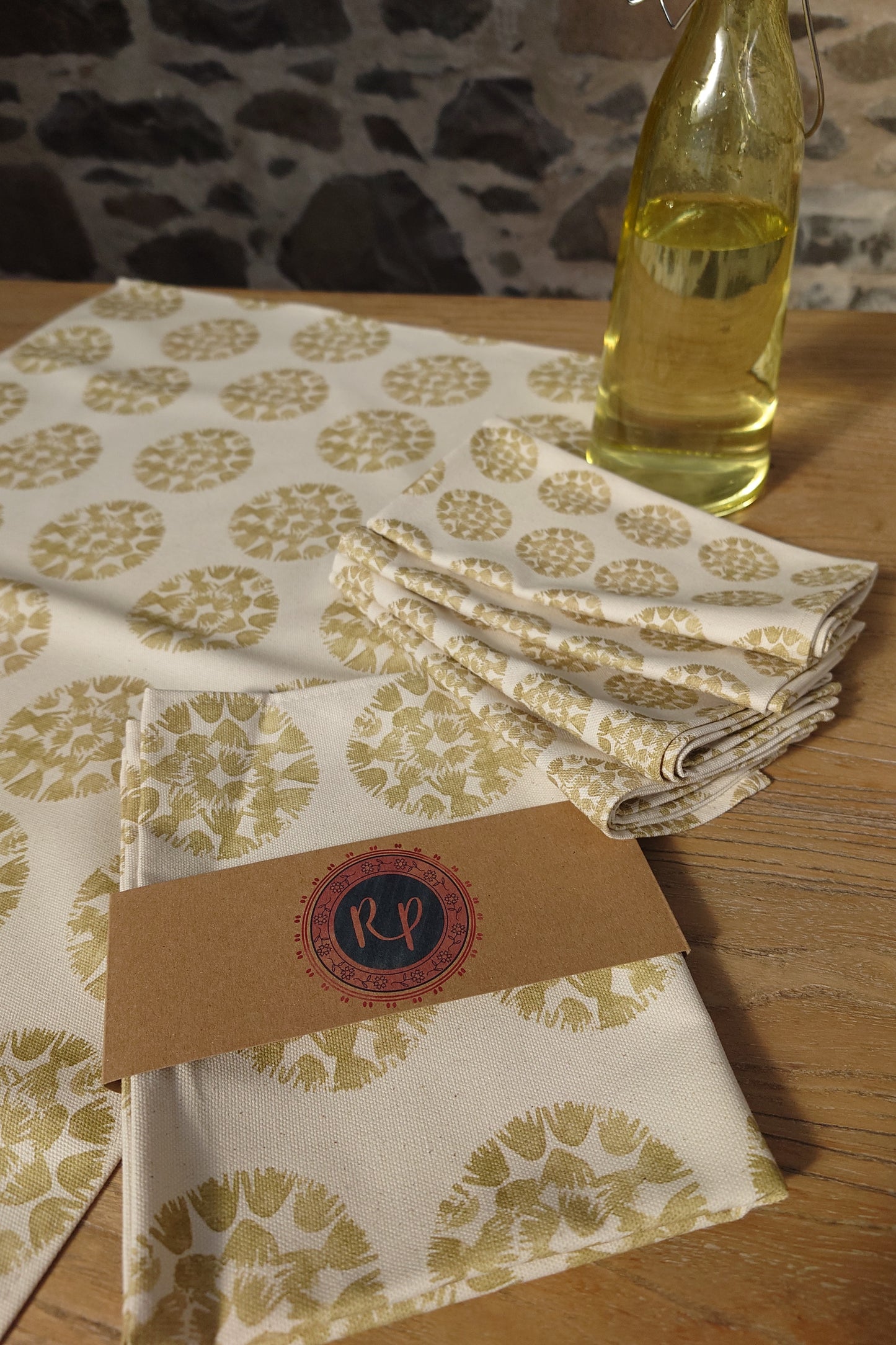Organic Tea Towel - Machair Clock Gold Green