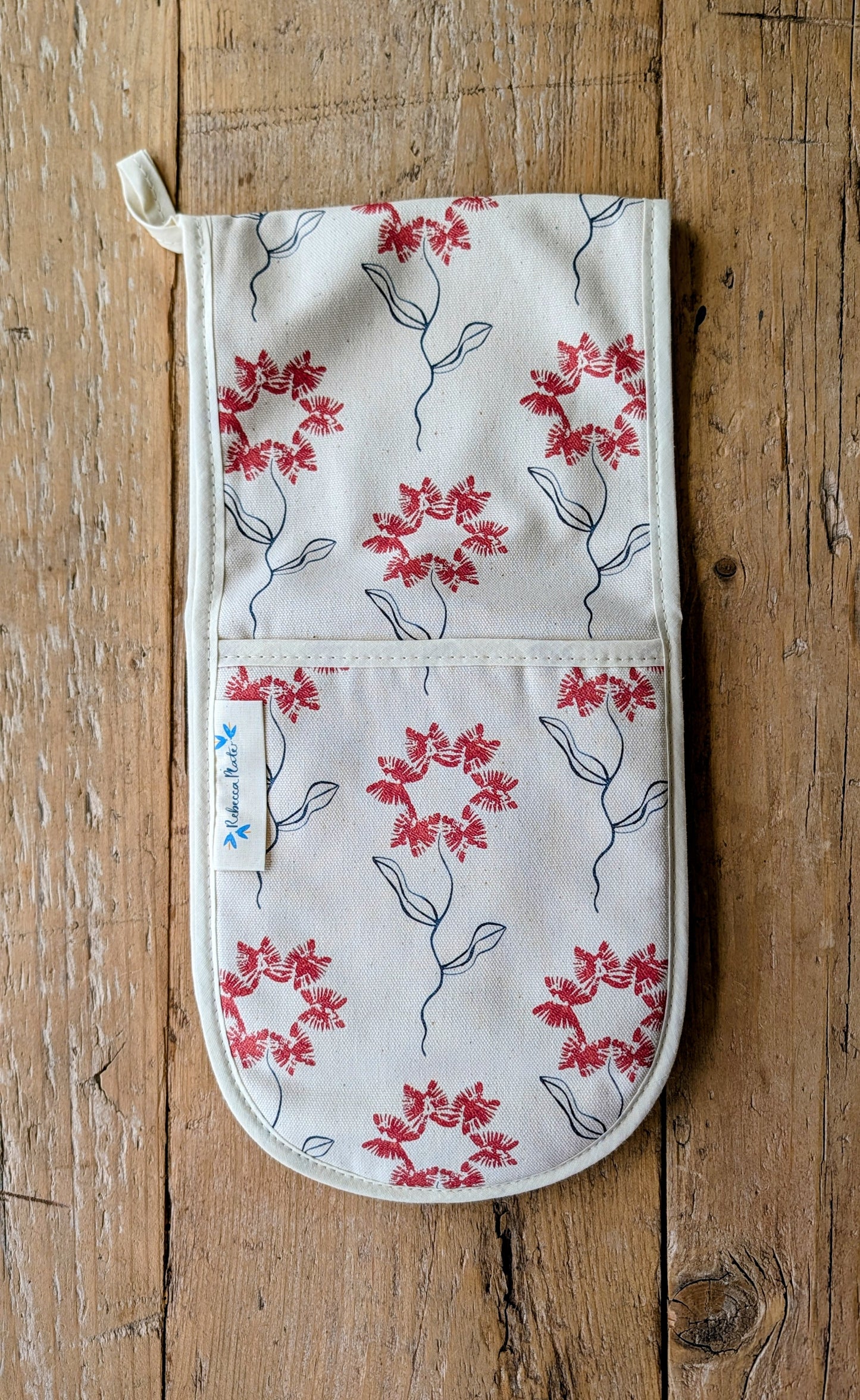 Organic Double Oven Glove - Machair Flower Red
