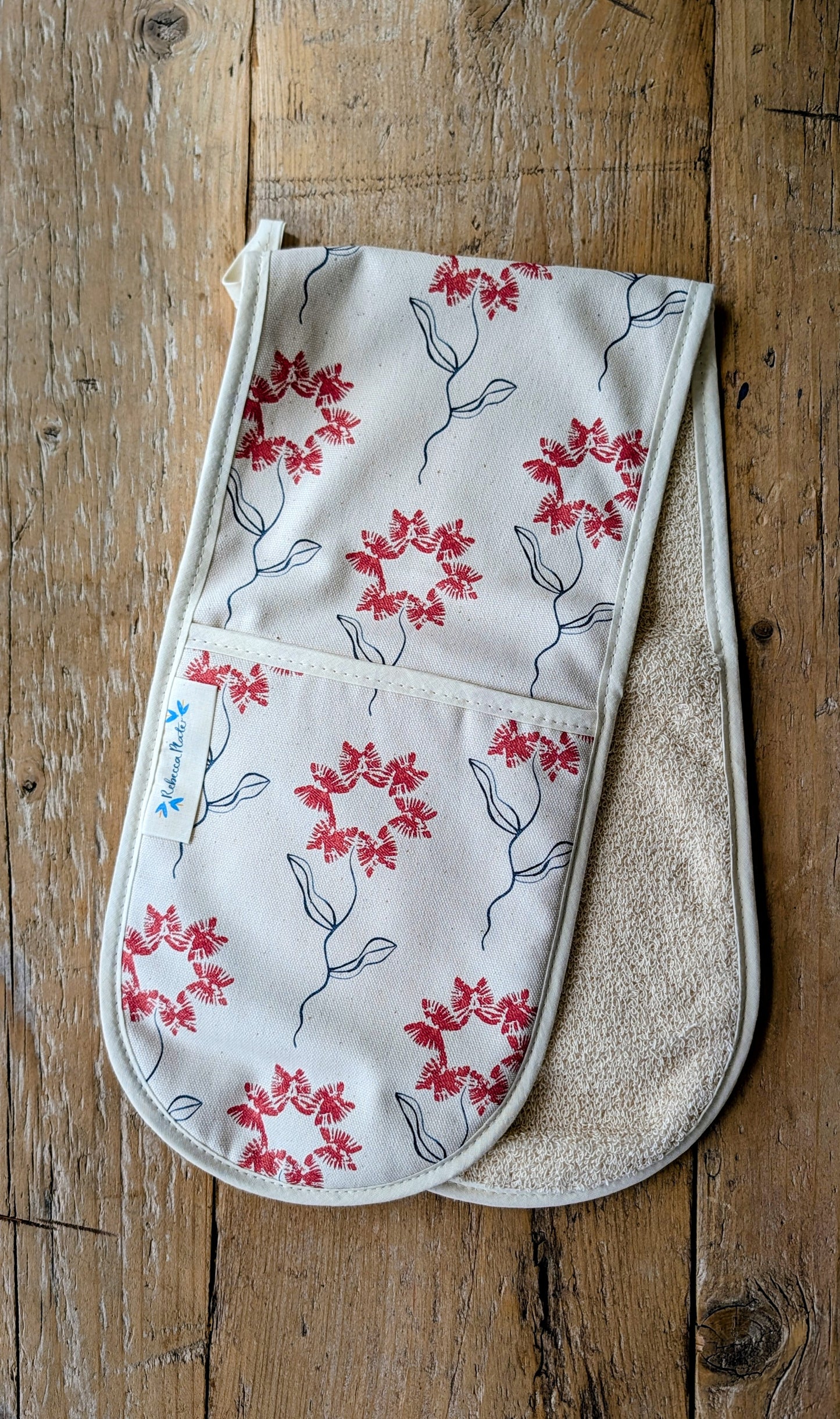 Organic Double Oven Glove - Machair Flower Red