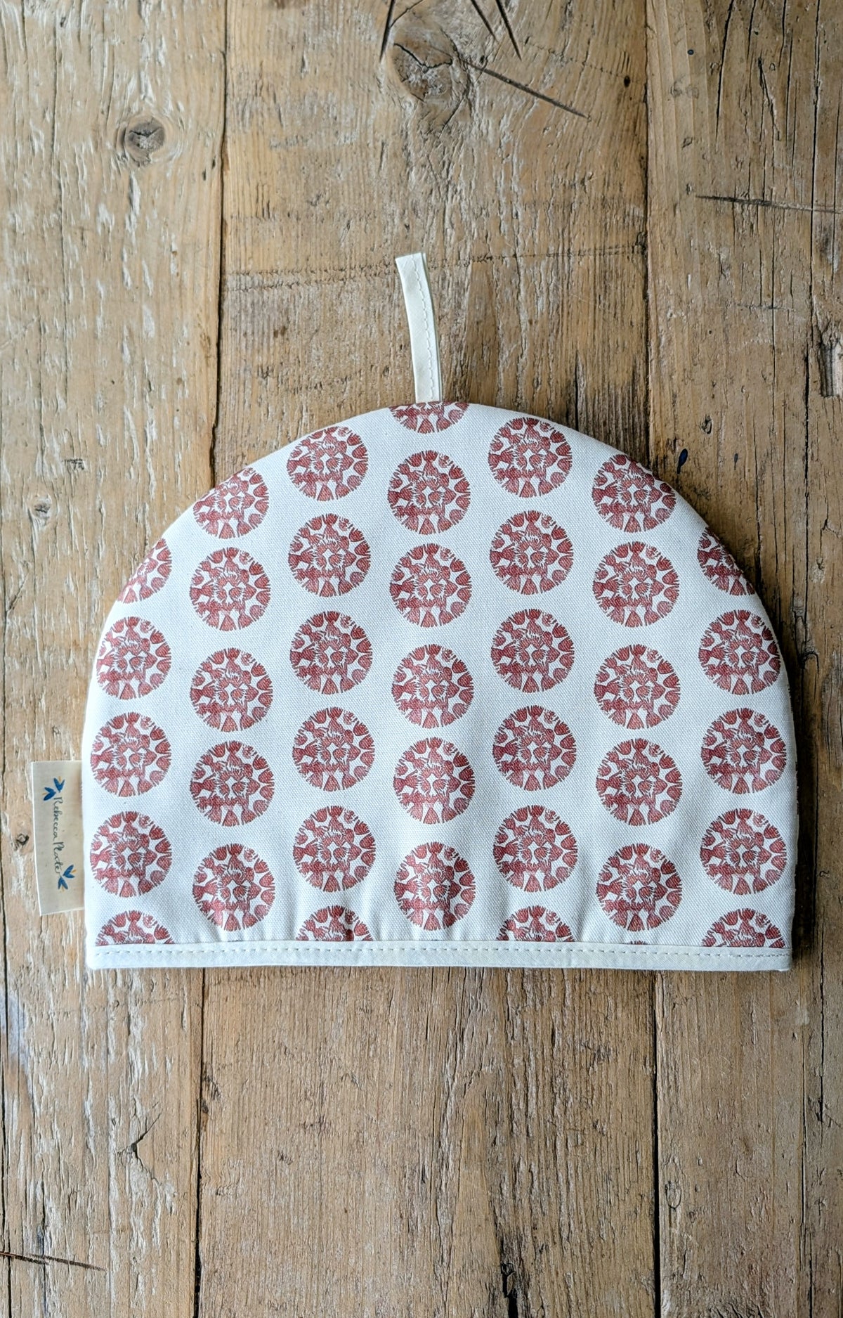 Organic Tea Cosy - Machair Clock Red (mini print)